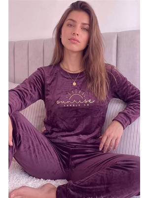Pijama Evi Bordo Sunrise Desenli Exclusive Kadife Kadın Pijama Takımı