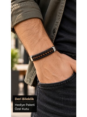 Herşey Nota Tavreno Emberline Siyah Deri Erkek Bileklik - Kahve Örgü ve Metal Detaylı