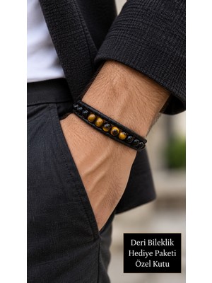 Herşey Nota Vercelio Ember Siyah Deri Erkek Bileklik - Kaplan Gözü ve Siyah Boncuklu