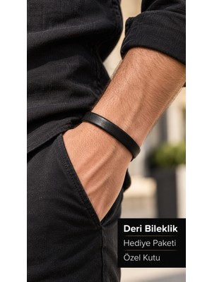 Herşey Nota Frescavo Lacivert Deri Erkek Bileklik - Bombeli Minimal Bant ve Gümüş Tokalı