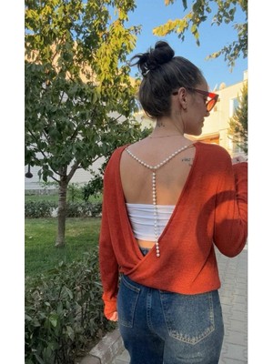 Ali Butik Kırmızı Sırt Dekolteli Inci Detaylı Triko