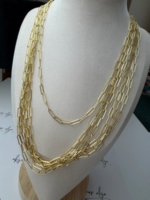 CM Jewelry Altın Kaplama Kuyumcu Işçiliğinde Çok Sıralı Dikdörtgen Halka Zincir Kolye 60 cm