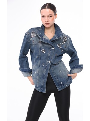 İnci Türkay Kadın Tasarım Denim Ceket Taş Payet Işleme Detaylı Mavi Oversize Kalıp Bomber Mont
