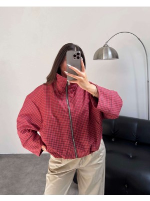 Esra Helvacı Dik Yaka Ekose Bomber Ceket