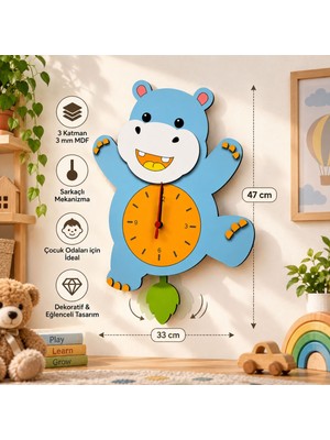 Algwood Hipopotam Su Aygırı Sarkaçlı Duvar Saati 47X33 cm 3 Katmanlı Mdf Çocuk Odası Dekorasyonu
