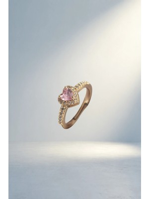 Uravas Store Zarif Gold Renk Kalp Charm Yüzük Pembe Zirkon
