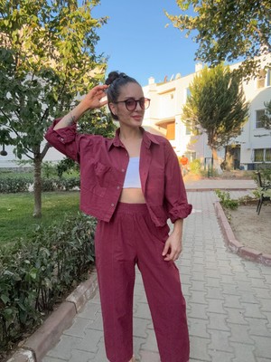 Ali Butik Bordo Crop Gömlekli Pamuklu Takım