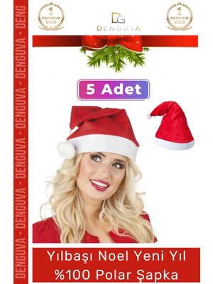 Denguva Özel Üretim Yıkanabilir Ucu Ponponlu Çocuk Yetişkin Yılbaşı Noel Baba %100 Polar Şapka 5 Adet