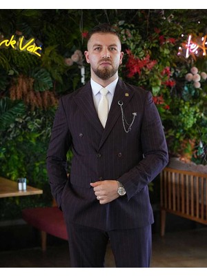 Beystil Sivri Yaka Bordo Çizgili Kruvaze Takım Elbise 53151 - Slim Fit