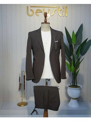 Beystil Kahve Spor Casual Çizgili Takım Elbise Parodi -Slim Fit