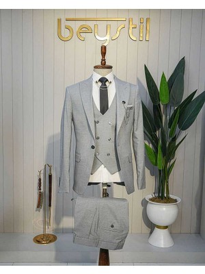 Beystil Sivri Yaka Gri Yelekli Takım Elbise Nikol - Slim Fit