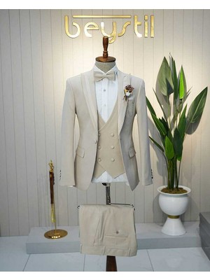 Beystil Erkek Krem Slimfit Yelekli Damatlık & Smokin 20103