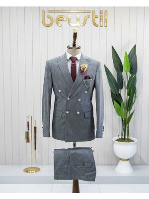 Beystil Sivri Yaka Gri Çizgili Kruvaze Takım Elbise Togo - Slim Fit