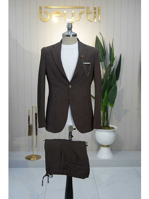 Beystil Sivri Yaka Kahve Spor Casual Jogger Takım Gofre- Slim Fit
