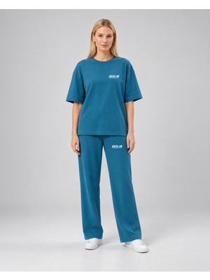 Backlain Mod Style Kadın Iki Iplik 2 Parça Takım Oversize Bisiklet Yaka Tişört ve Rahat Kesim Pantolon