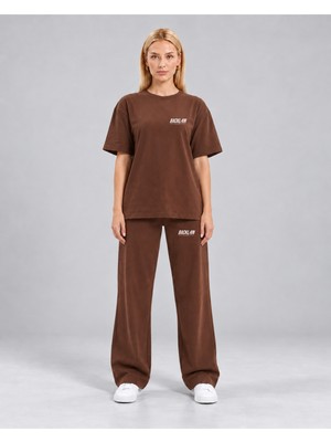 Backlain Mod Style Kadın Iki Iplik 2 Parça Takım Oversize Bisiklet Yaka Tişört ve Rahat Kesim Pantolon