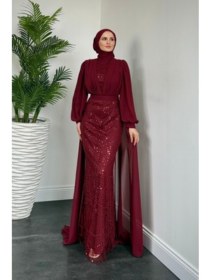 Merven Akyüz Justina Boncuklu Pelerinli Abiye Bordo