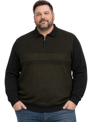 Battal Moda Erkek Büyük Beden Haki Atlas Polo Yaka Fermuarlı Triko Kazak 5xl-6xl-7xl-8xl