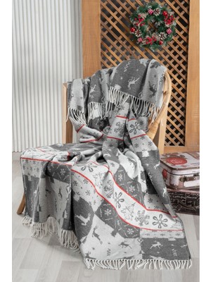 Sesli Tekstil Yılbaşı Desenli Çift Renkli Pamuklu Skoç Battaniye 150 x 200