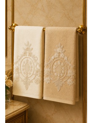 iselahome Aselya Güpürlü Pamuklu Çeyizlik El Yüz Havlusu 2'li Set 50X90 cm