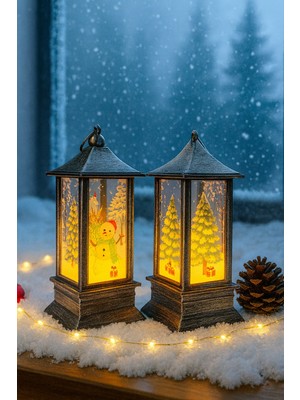Biton Toptan LED Işıklı Noel Feneri 2’li Set – Kardan Adam  & Çam Ağacı Temalı Dekoratif Yılbaşı Lambası 14 cm
