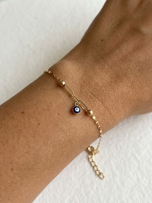Papatya Silver Orjinal 14 Ayar Sertifikalı Altın Minimalist Aynalı Ataç Zincir Dorika Toplu Nazar Gözlü Bileklik