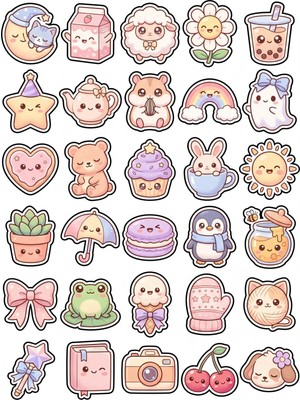 Dekorif 30 Adet Pastel Sevimli Karakter Sticker Seti - Laptop Defter Ajanda Için