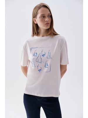 Mudo Kadın Kırık Beyaz Baskılı Bisiklet Yaka T-Shirt