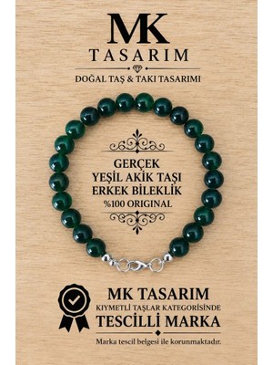 MK Tasarım Gerçek Yeşil Akik Taşı Erkek Bileklik MK.8000.013- Rahatlık-Dinginlik-Enerji- Stres Bilekliği-Renkleri Boya Değildir -Kendi Rengidir
