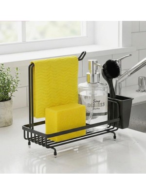 Suntel Mutfak Lavabo Üstü Düzenleyici Organizer - Siyah Metal Süngerlik, Deterjanlık ve Bez Askılı Stand