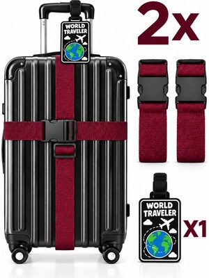 Tois 2’li Siyah Valiz Kemeri 200 cm * 2 Adet Ayarlanabilir Kilitli Bavul Bagaj Kemeri + 1 Adet Valiz Etiketi Isimliği, Bavul Etiket Isimliği Word Traveler