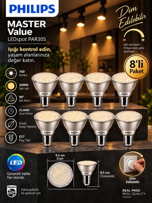(8 Adet) Philips 9.5W 3000K Sarı Işık E27 Duylu 760 Lümen Dim Edilebilir PAR30 Ampul
