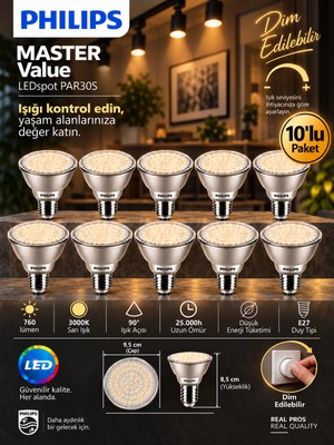 (10 Adet) Philips 9.5W 3000K Sarı Işık E27 Duylu 760 Lümen Dim Edilebilir PAR30 Ampul