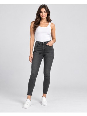 Nova Earth Art Unisex Antrasit Yüksek Bel Skinny Kısa Boy Kot Pantolon