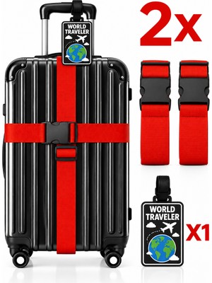 Tois 2’li Siyah Valiz Kemeri 200 cm * 2 Adet Ayarlanabilir Kilitli Bavul Bagaj Kemeri + 1 Adet Valiz Etiketi Isimliği, Bavul Etiket Isimliği Word Traveler