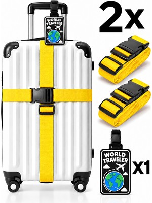 Tois 2’li Siyah Valiz Kemeri 200 cm * 2 Adet Ayarlanabilir Kilitli Bavul Bagaj Kemeri + 1 Adet Valiz Etiketi Isimliği, Bavul Etiket Isimliği Word Traveler