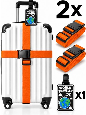 Tois 2’li Siyah Valiz Kemeri 200 cm * 2 Adet Ayarlanabilir Kilitli Bavul Bagaj Kemeri + 1 Adet Valiz Etiketi Isimliği, Bavul Etiket Isimliği Word Traveler