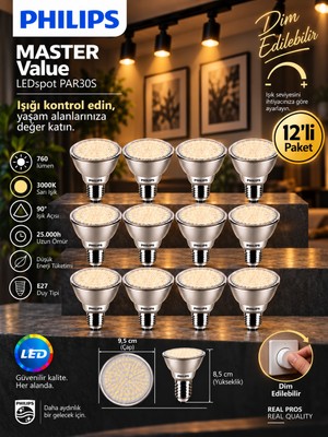(12 Adet) Philips 9.5W 3000K Sarı Işık E27 Duylu 760 Lümen Dim Edilebilir PAR30 Ampul