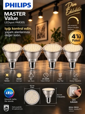 (4 Adet) Philips 9.5W 3000K Sarı Işık E27 Duylu 760 Lümen Dim Edilebilir PAR30 Ampul