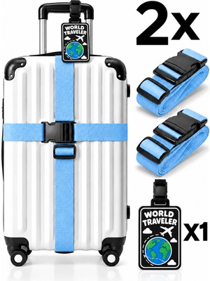 Tois 2’li Siyah Valiz Kemeri 200 cm * 2 Adet Ayarlanabilir Kilitli Bavul Bagaj Kemeri + 1 Adet Valiz Etiketi Isimliği, Bavul Etiket Isimliği Word Traveler