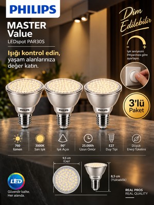 (3 Adet) Philips 9.5W 3000K Sarı Işık E27 Duylu 760 Lümen Dim Edilebilir PAR30 Ampul