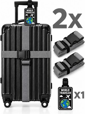 Tois 2’li Siyah Valiz Kemeri 200 cm * 2 Adet Ayarlanabilir Kilitli Bavul Bagaj Kemeri + 1 Adet Valiz Etiketi Isimliği, Bavul Etiket Isimliği Word Traveler