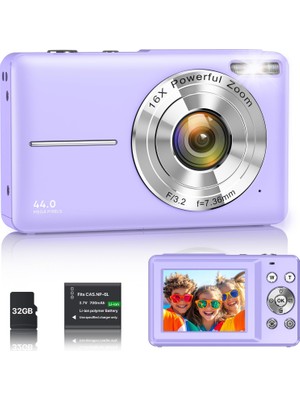 Ixnaıqy Çocuklar ve Gençler Için Dijital 1080P 44MP Vlog Kamerası, 2,4" Ekranlı Fhd Kompakt Fotoğraf Makinesi 16X Zoom, Yeni Başlayanlar Öğrenciler Için Sarsıntı Önleyici Mini Kamera Erkek Kız Mor