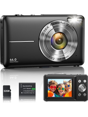 Ixnaıqy Çocuklar ve Gençler Için Dijital 1080P 44MP Vlog Kamera, 2,4" Ekranlı Fhd Kompakt Fotoğraf Makinesi 16X Zoom, Yeni Başlayanlar Öğrenciler Için Sarsıntı Önleyici Mini Kamera Erkek Kız Siyah