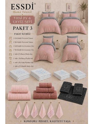 Essdi Home Tekstil Yeni Ev & Çeyiz Seti – Paket 3 Pudra/Gri