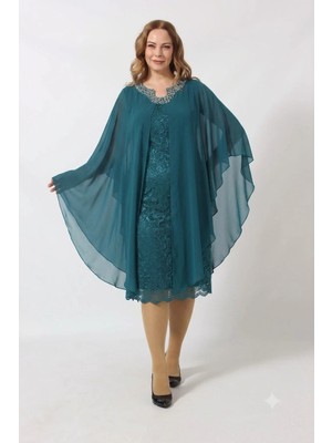 Moda Berray 1012 PETROL YAKA TAŞ BASKILI DANTEL ŞİFON KOMBİNLİ BÜYÜK BEDEN KISA ABİYE ELBİSE ;