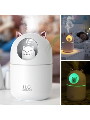 Bak Gel Al Kedi Figürlü Masaüstü Hava Nemlendirici – Gece Lambalı USB Ultrasonik Soğuk Buhar Makinesi, LED Işıklı Masaüstü Oda Nemlendirici