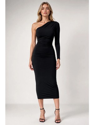 Lareon Kadın Asimetrik Tek Omuz Büzgülü Tek Uzun Kollu Drapeli Slim Fit Sandy Midi Abiye Elbise MDM1028
