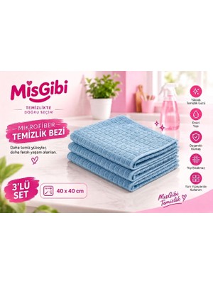 Mis Gibi Misgibi Profesyonel 3'lü Mikrofiber Temizlik Bezi – Kareli Doku, Güçlü Emicilik, Iz ve Tüy Bırakmayan Çok Amaçlı Bez