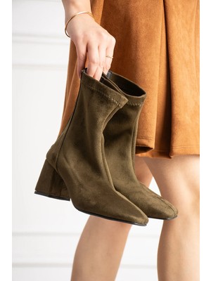 Dabab Shoes Lara Kadın Haki Süet Streç Küt Burun Fermuarlı 6 cm Kalın Topuklu Bot Bootie